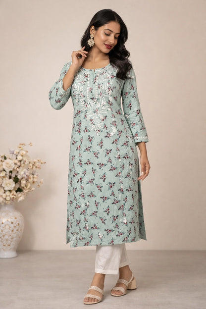 Lucknow Fashion Diary Hand Embroidered Lucknowi Chikankari Women's Blue Printed Rayon Kurti