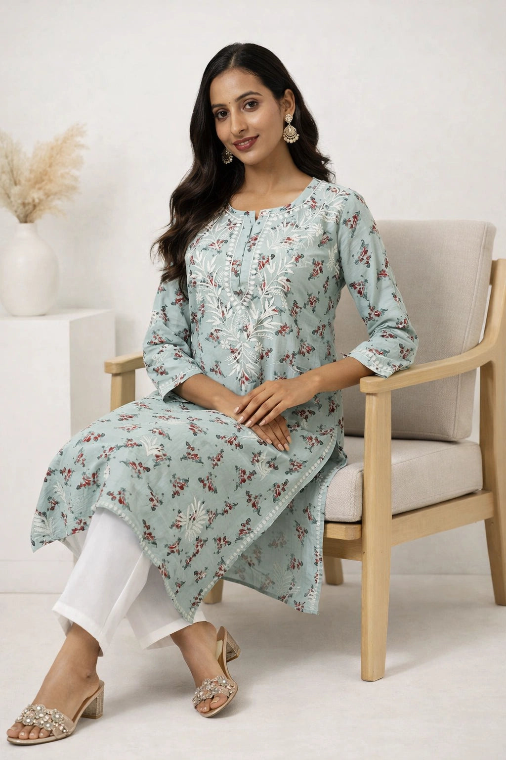 lucknowi chikankari Woman sitting on a chair wearing a light blue floral kurta with white pants.
