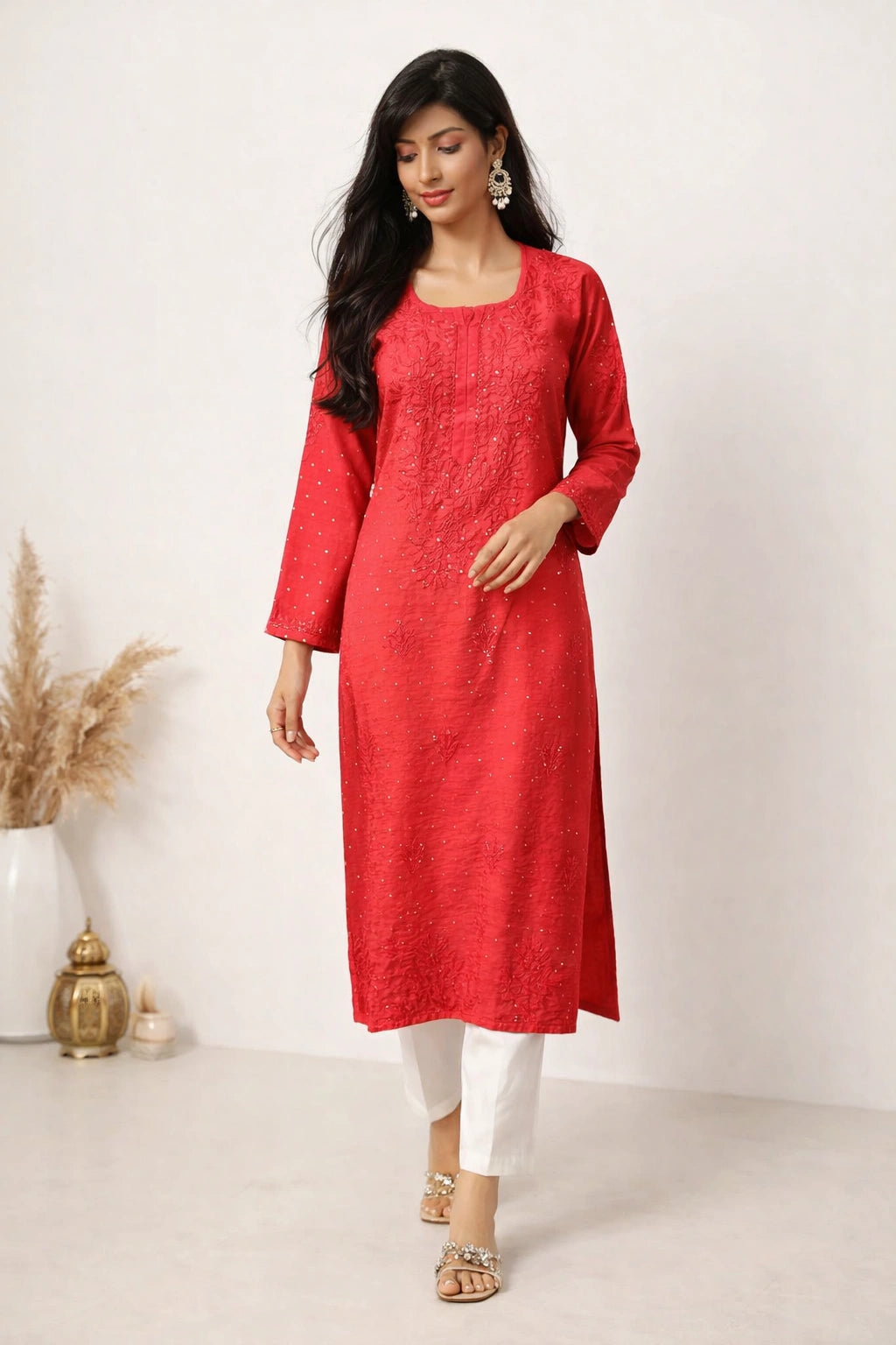 Lucknow Fashion Diary Hand Embroidered Lucknowi Chikankari Women's Coral Pink Chanderi Kurti