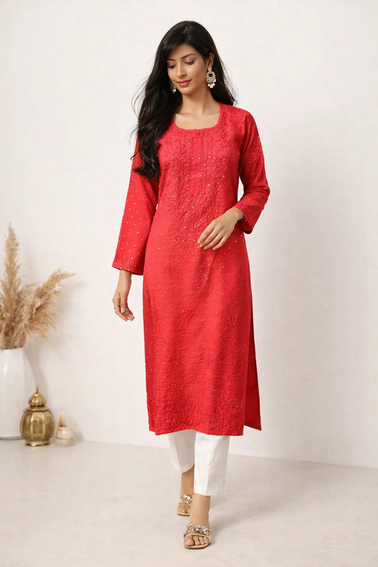 Lucknow Fashion Diary Hand Embroidered Lucknowi Chikankari Women's Coral Pink Chanderi Kurti