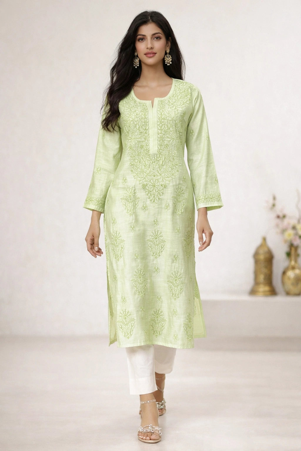 Lucknow Fashion Diary Hand Embroidered Lucknowi Chikankari Women's Green Chanderi Kurti