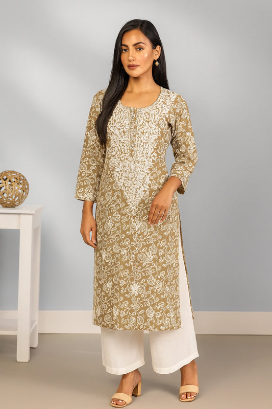 Lucknow Fashion Diary Hand Embroidered Lucknowi Chikankari Women's Green Cotton Kurti