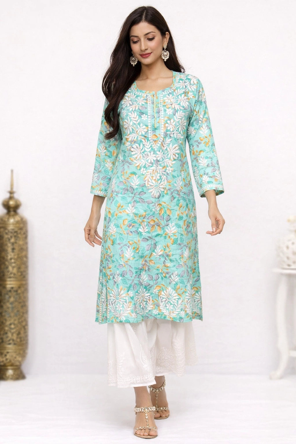 Lucknow Fashion Diary Hand Embroidered Lucknowi Chikankari Women's Printed Green Cotton Kurti