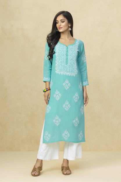 Lucknow Fashion Diary Hand Embroidered Lucknowi Chikankari Women's Green Modal Kurti