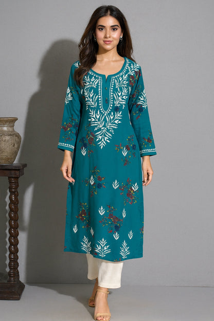 Lucknow Fashion Diary Hand Embroidered Lucknowi Chikankari Women's Green Printed Rayon Kurti