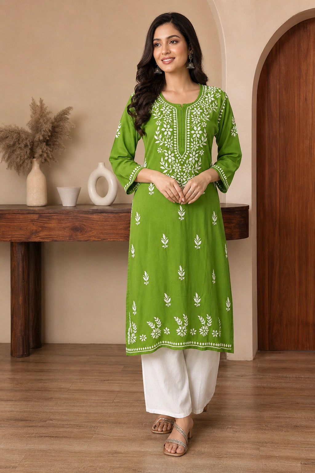 Lucknow Fashion Diary Hand Embroidered Lucknowi Chikankari Women's Green Rayon Kurti