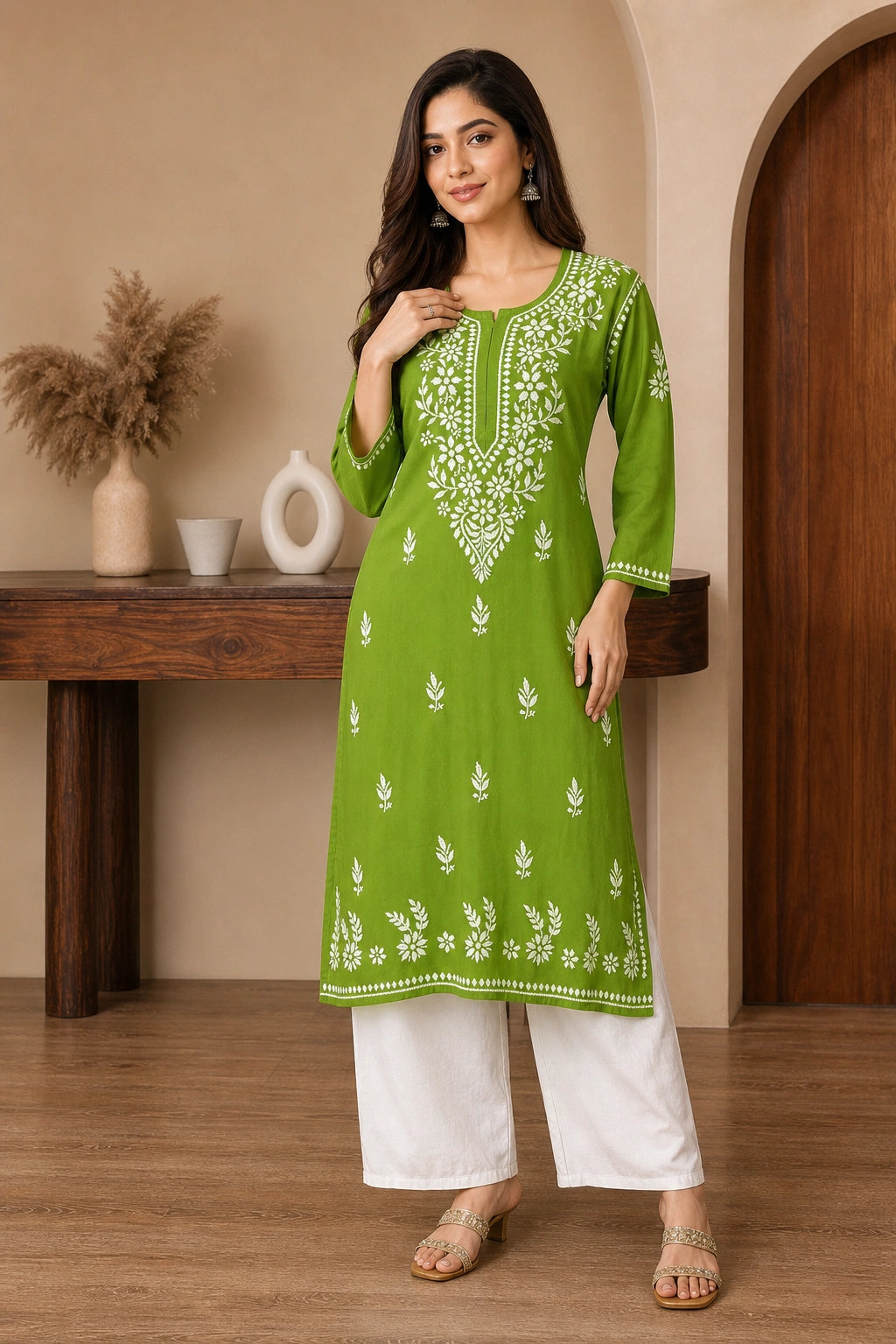 Woman wearing a green embroidered kurta with white pants in an indoor setting.