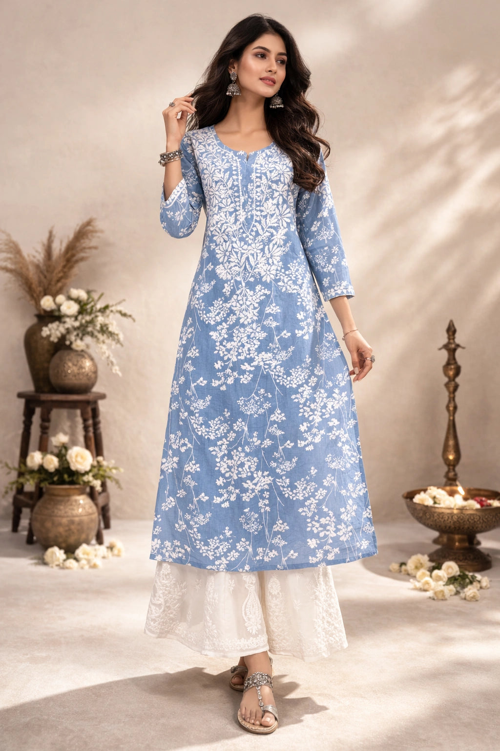 Lucknow Fashion Diary Hand Embroidered Lucknowi Chikankari Women's Printed Grey Cotton Kurti
