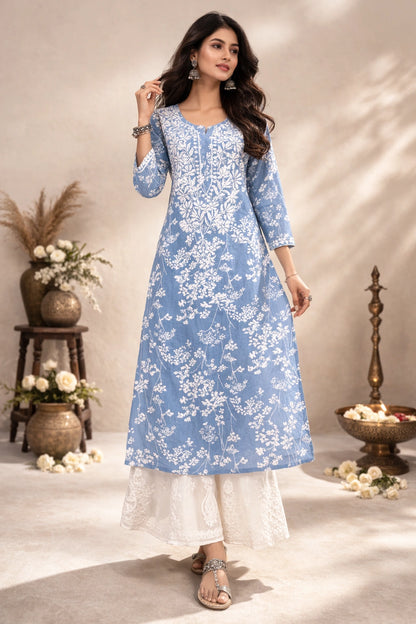 Lucknow Fashion Diary Hand Embroidered Lucknowi Chikankari Women's Printed Grey Cotton Kurti
