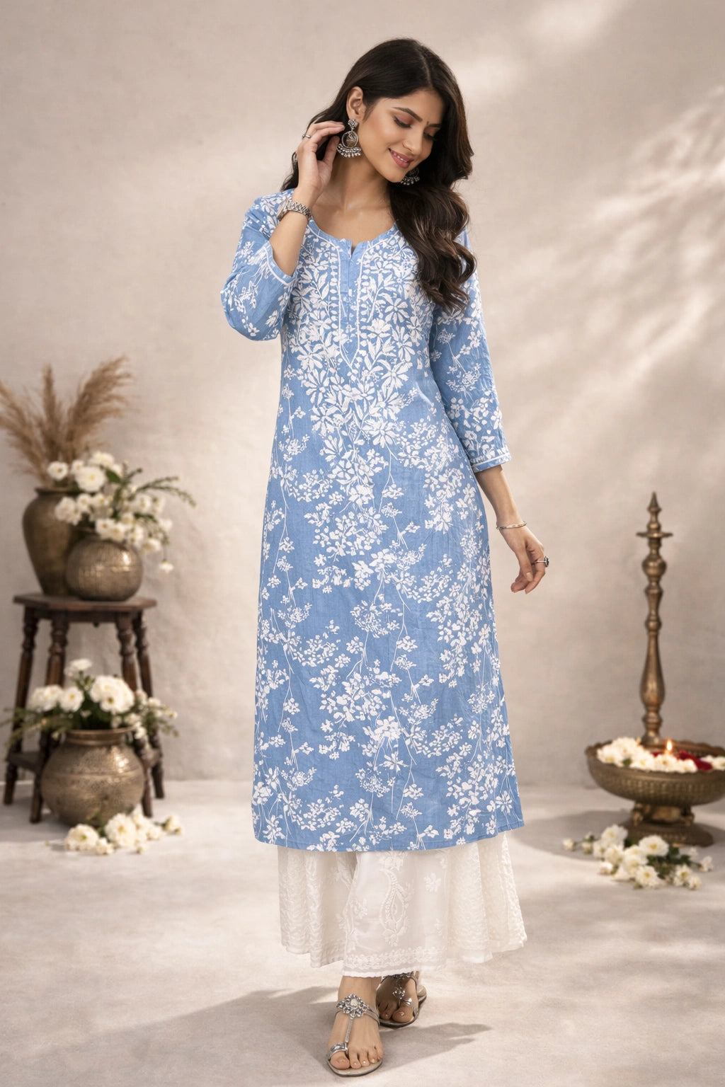 Woman wearing a lucknowi chikankari blue floral kurta with white pants in a decorated indoor setting.