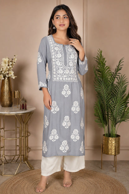 Lucknow Fashion Diary Hand Embroidered Lucknowi Chikankari Women's Grey Modal Kurti