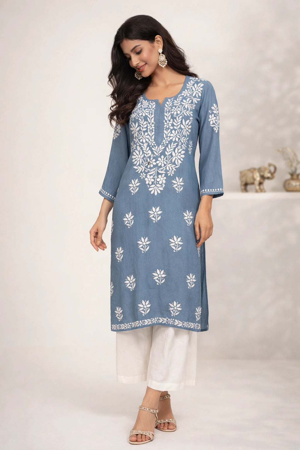 Lucknow Fashion Diary Hand Embroidered Lucknowi Chikankari Women's Grey Rayon Kurti