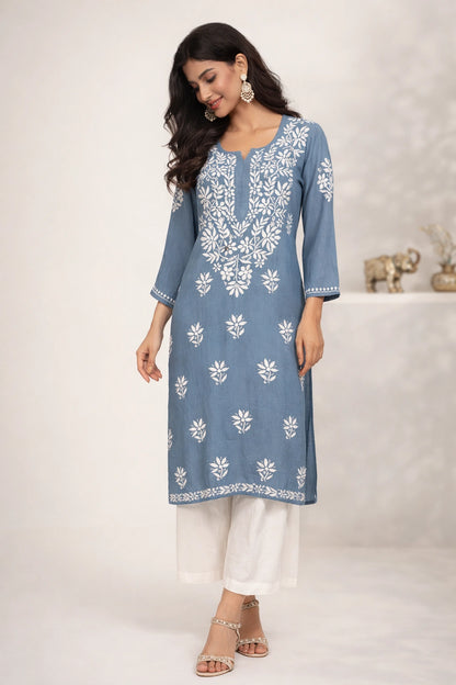 Lucknow Fashion Diary Hand Embroidered Lucknowi Chikankari Women's Grey Rayon Kurti