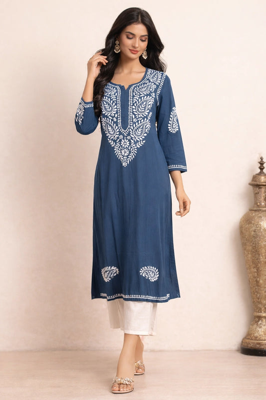 Lucknow Fashion Diary Hand Embroidered Lucknowi Chikankari Women's Grey Rayon Kurti