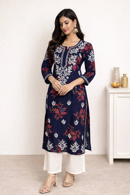 Lucknow Fashion Diary Hand Embroidered Lucknowi Chikankari Women's Navy Blue Rayon Kurti