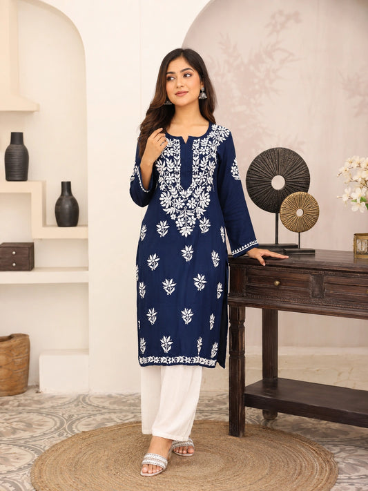 Lucknow Fashion Diary Hand Embroidered Lucknowi Chikankari Women's Navy Blue Rayon Kurti