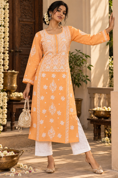 Lucknow Fashion Diary Hand Embroidered Lucknowi Chikankari Women's Orange crape Kurti