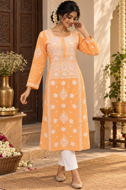 A woman models a traditional Indian outfit consisting of a orange-colored embroidered kurta, matching embroidered trousers against an elegant indoor background with wooden furniture and a floral arrangement.