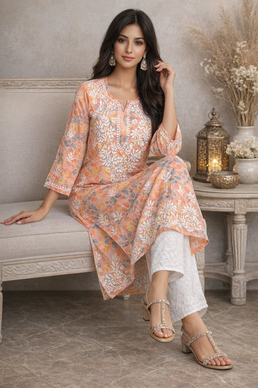 Lucknow Fashion Diary Hand Embroidered Lucknowi Chikankari Women's Printed Peach Cotton Kurti