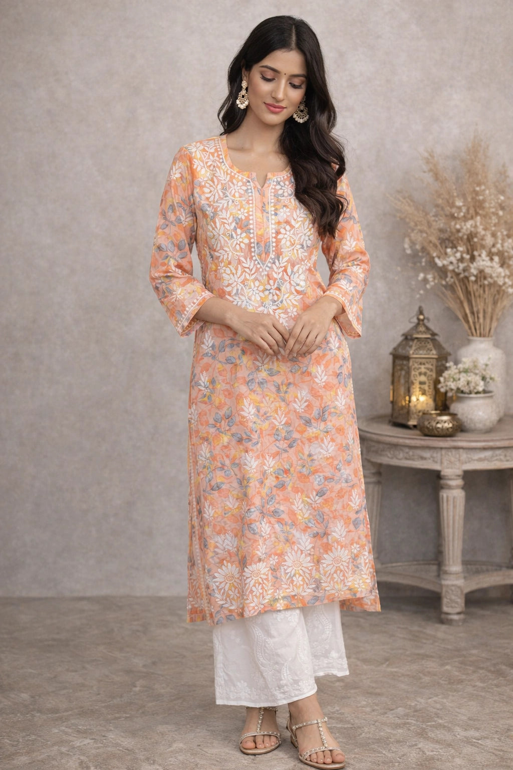 Woman wearing a lucknowi chikankari floral kurta with white pants in a decorated room.