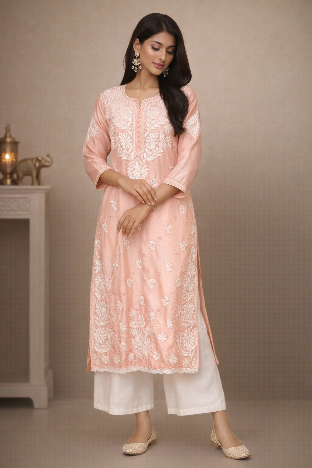 Lucknow Fashion Diary Hand Embroidered Lucknowi Chikankari Women's Peach crape Kurti