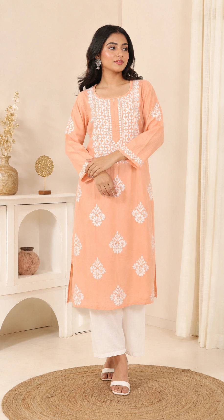 Lucknow Fashion Diary Hand Embroidered Lucknowi Chikankari Women's Peach Modal Kurti