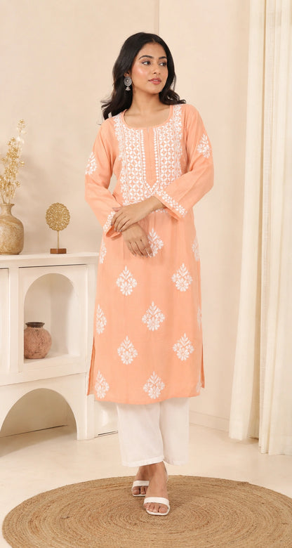 Lucknow Fashion Diary Hand Embroidered Lucknowi Chikankari Women's Peach Modal Kurti