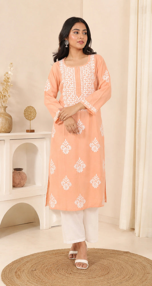 Lucknow Fashion Diary Hand Embroidered Lucknowi Chikankari Women's Peach Modal Kurti