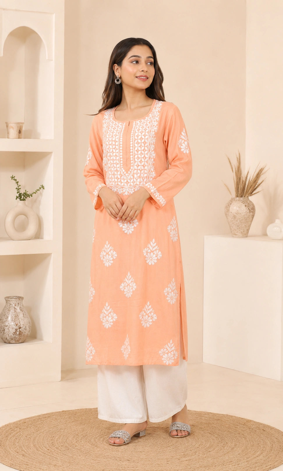 Lucknowi chikankari Woman wearing a peach kurta with white floral patterns in a minimalistic room.