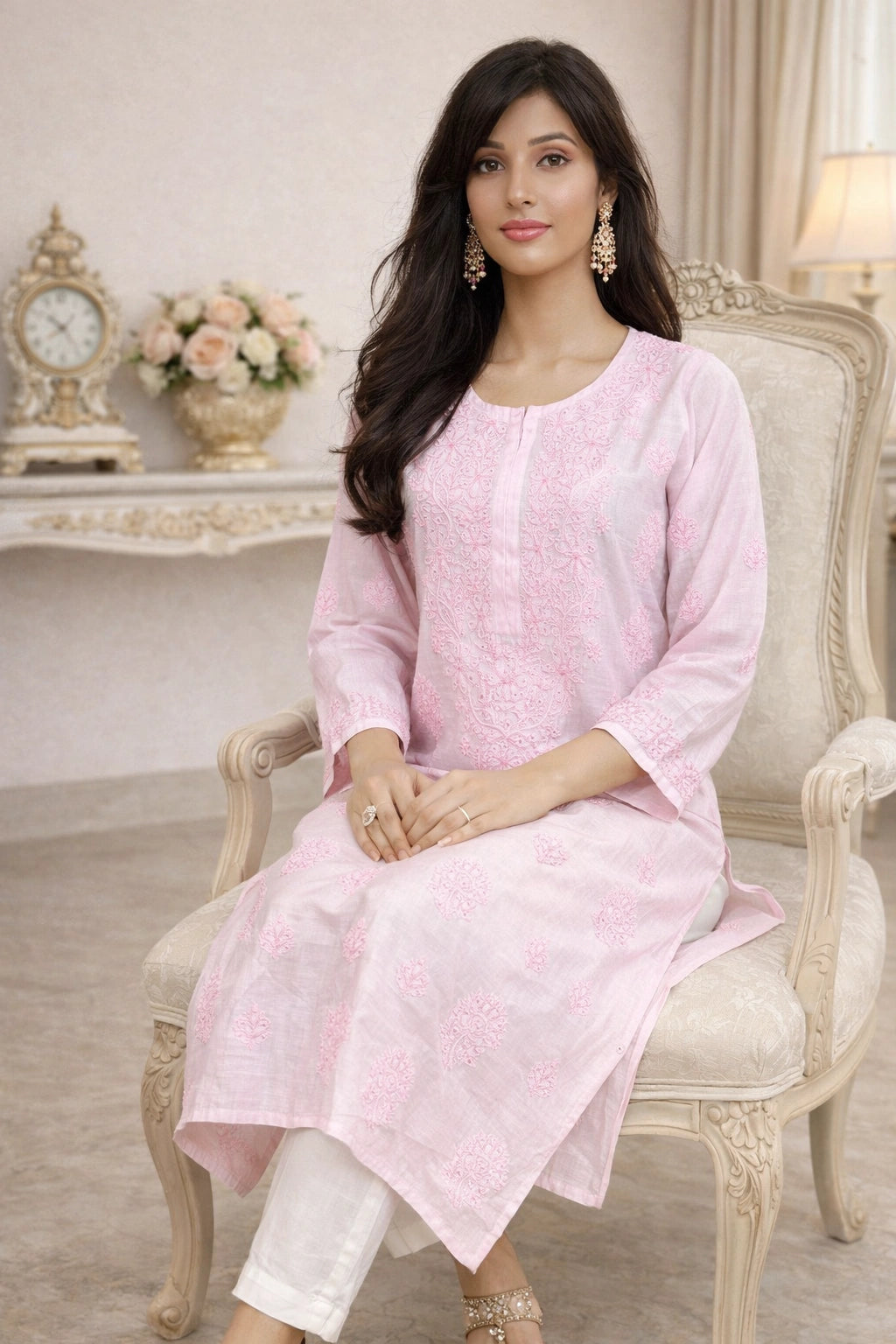 lucknowi chikankari Woman in a pink kurta sitting on an ornate chair in a decorated room.