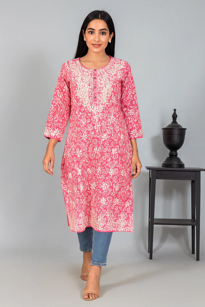 Lucknow Fashion Diary Hand Embroidered Lucknowi Chikankari Women's Printed Pink Cotton Kurti