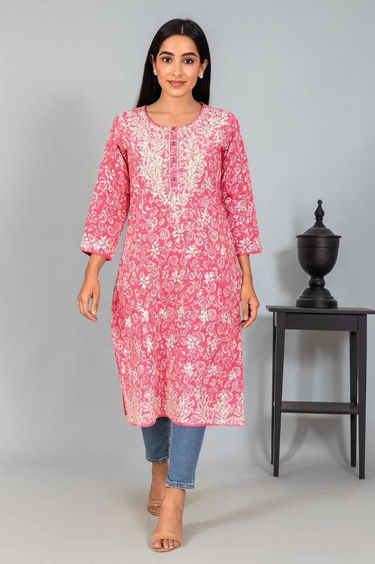 Lucknow Fashion Diary Hand Embroidered Lucknowi Chikankari Women's Printed Pink Cotton Kurti