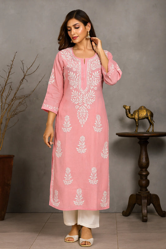 Lucknow Fashion Diary Hand Embroidered Lucknowi Chikankari Women's Pink Cotton Kurti