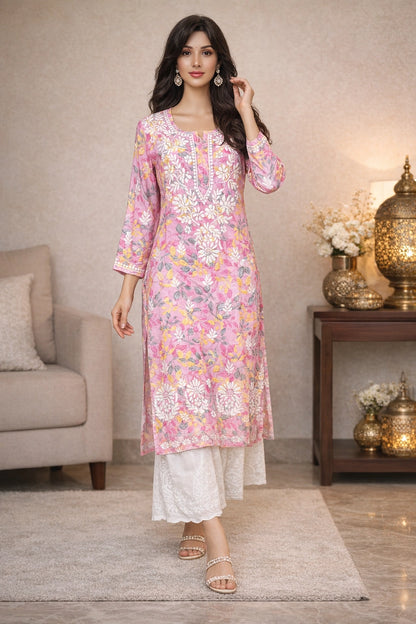 Lucknow Fashion Diary Hand Embroidered Lucknowi Chikankari Women's Printed Pink Cotton Kurti
