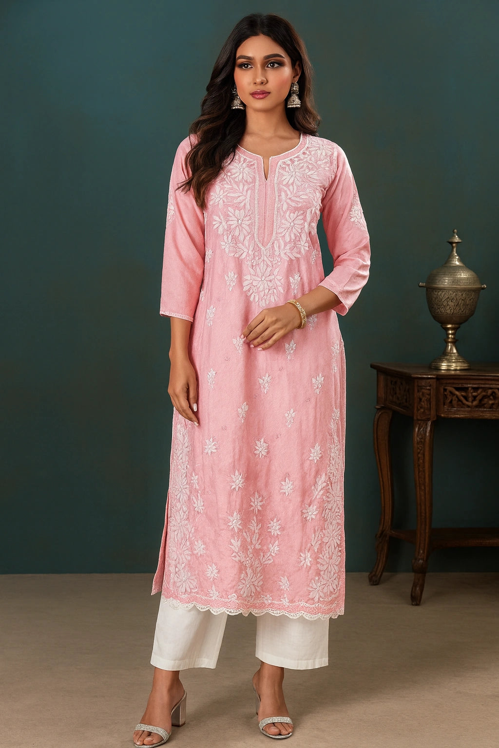 Lucknow Fashion Diary Hand Embroidered Lucknowi Chikankari Women's Pink crape Kurti