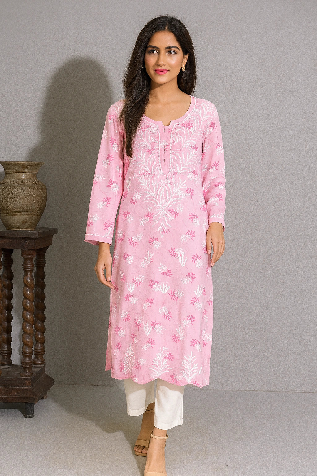 Lucknow Fashion Diary Hand Embroidered Lucknowi Chikankari Women's Pink Printed Rayon Kurti