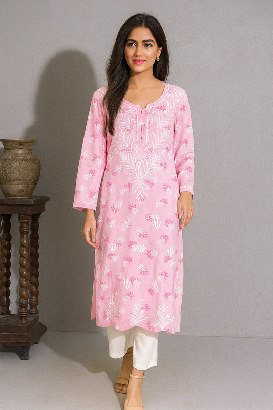 Lucknow Fashion Diary Hand Embroidered Lucknowi Chikankari Women's Pink Printed Rayon Kurti