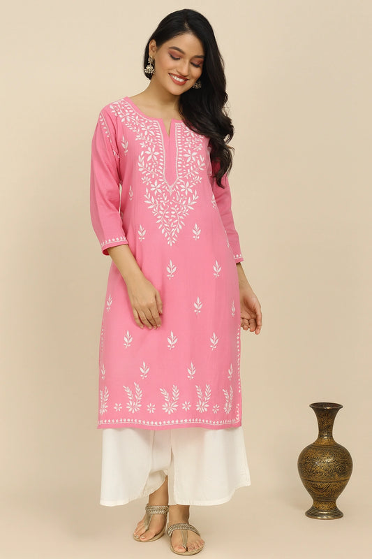 Lucknow Fashion Diary Hand Embroidered Lucknowi Chikankari Women's Pink Rayon Kurti