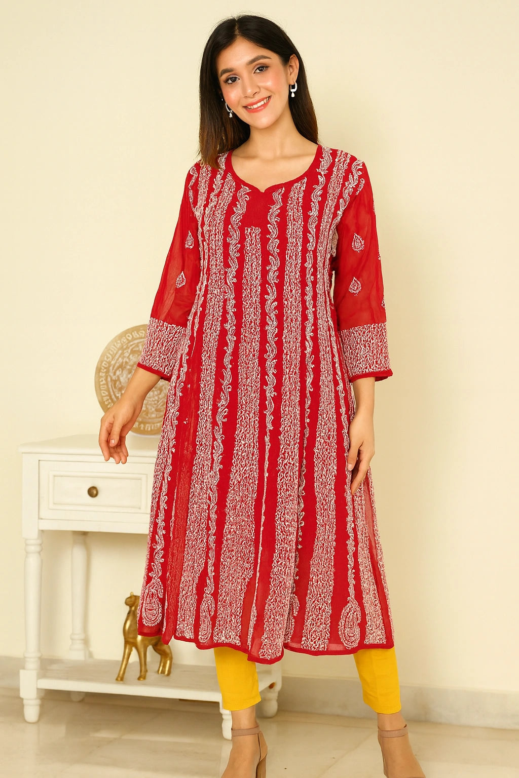 Lucknow Fashion Diary Hand Embroidered Lucknowi Chikankari Women's Red Georgette Anarkali