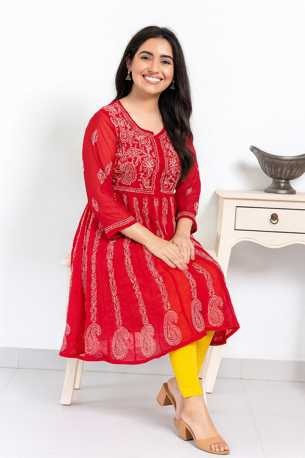 Lucknow Fashion Diary Hand Embroidered Lucknowi Chikankari Women's Red Georgette Anarkali
