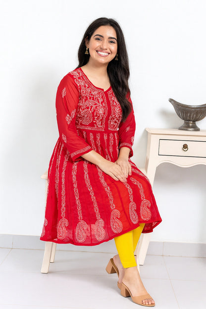 Lucknow Fashion Diary Hand Embroidered Lucknowi Chikankari Women's Red Georgette Anarkali