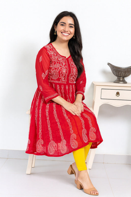Lucknow Fashion Diary Hand Embroidered Lucknowi Chikankari Women's Red Georgette Anarkali