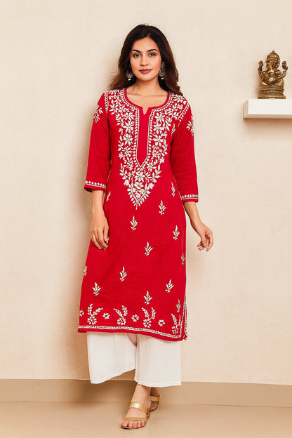 Lucknow Fashion Diary Hand Embroidered Lucknowi Chikankari Women's Red Rayon Kurti