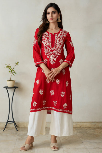 Lucknow Fashion Diary Hand Embroidered Lucknowi Chikankari Women's Red Rayon Kurti