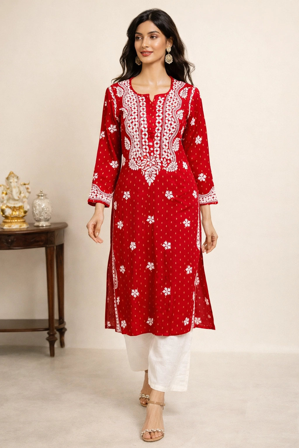 Lucknow Fashion Diary Hand Embroidered Lucknowi Chikankari Women's Red Rayon Kurti