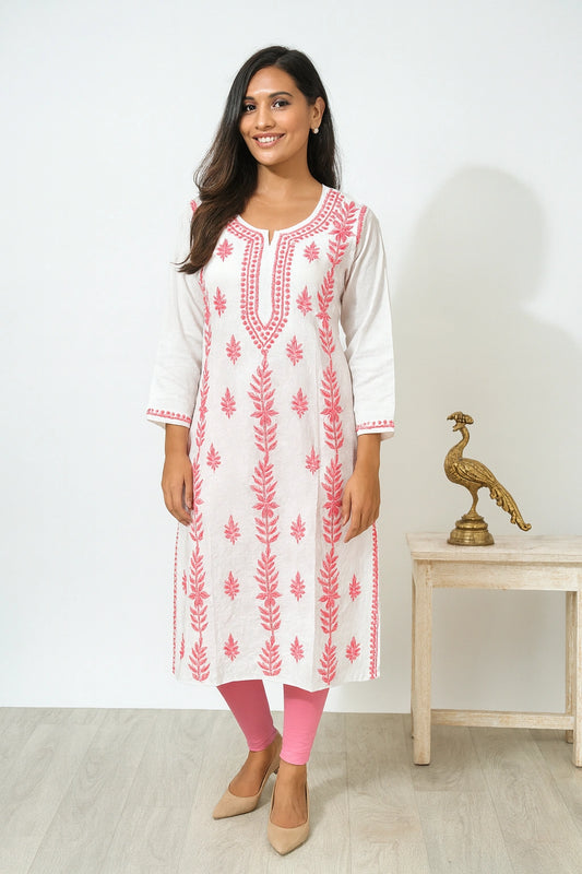Lucknow Fashion Diary Hand Embroidered Lucknowi Chikankari Women's White Cotton Kurti