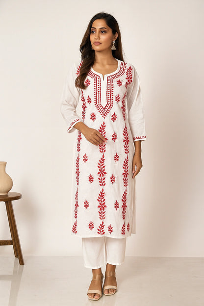 Lucknow Fashion Diary Hand Embroidered Lucknowi Chikankari Women's White Cotton Kurti