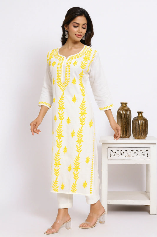 Lucknow Fashion Diary Hand Embroidered Lucknowi Chikankari Women's White Cotton Kurti