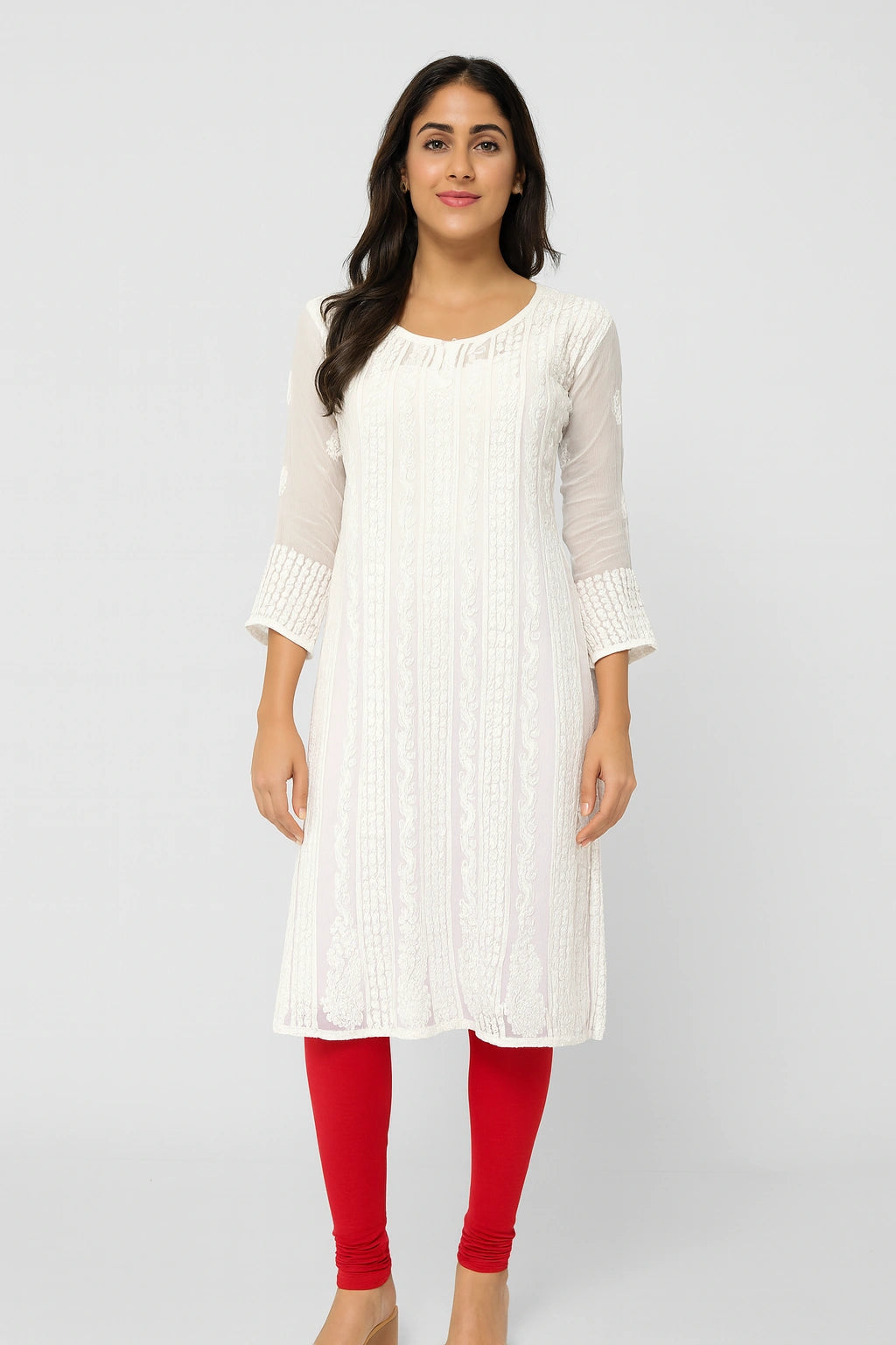 Lucknow Fashion Diary Hand Embroidered Lucknowi Chikankari Women's White Georgette Anarkali
