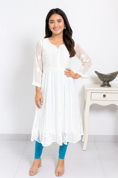 Lucknow Fashion Diary Hand Embroidered Lucknowi Chikankari Women's White Georgette Anarkali